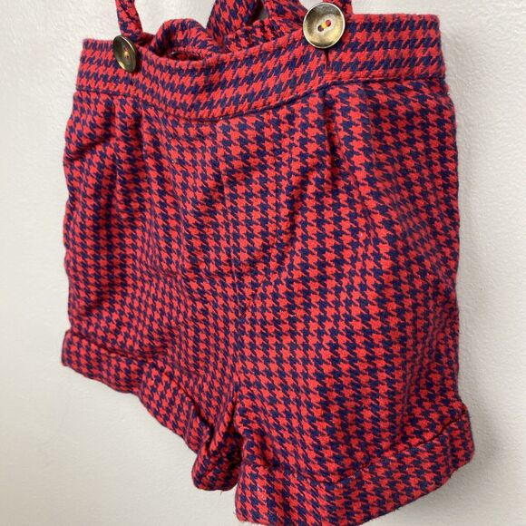 Vintage suspender shorts baby 18mos red houndstooth overalls bibs 80s 90s Snap - Picture 2 of 9